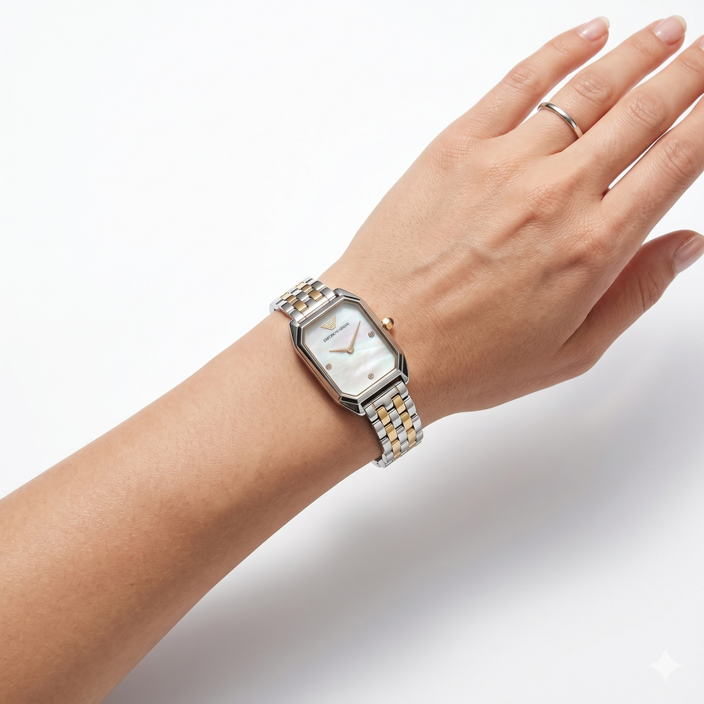 Emporio Armani Two-Tone Rectangular Watch with Mother of Pearl Dial ✨⌚🐚