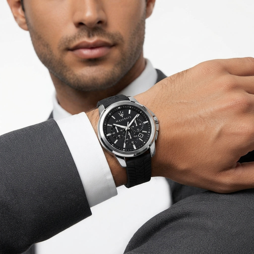 Maserati Chronograph Watch with Black Dial and Rubber Strap