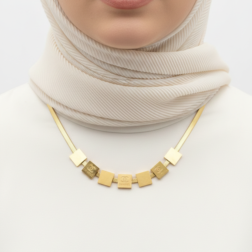 Chanel Inspired Gold Square Charm Herringbone Necklace ✨ 🟨 💎