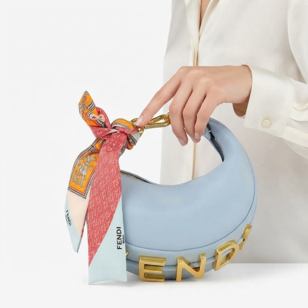 Fendi Casa Inspired Light Blue Handbag with Decorative Scarf
