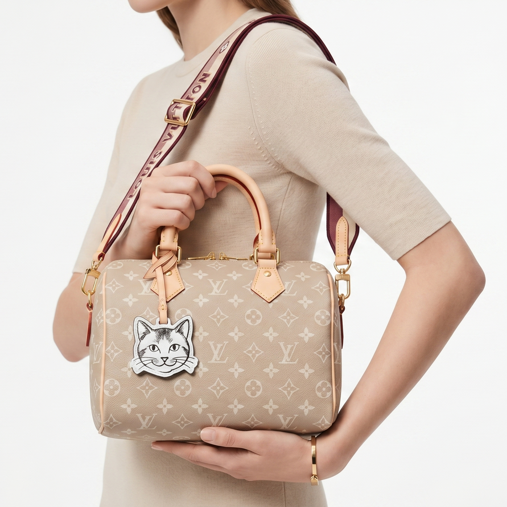 Louis Vuitton Monogram Canvas Bag with Playful Cat Charm 👜🐱