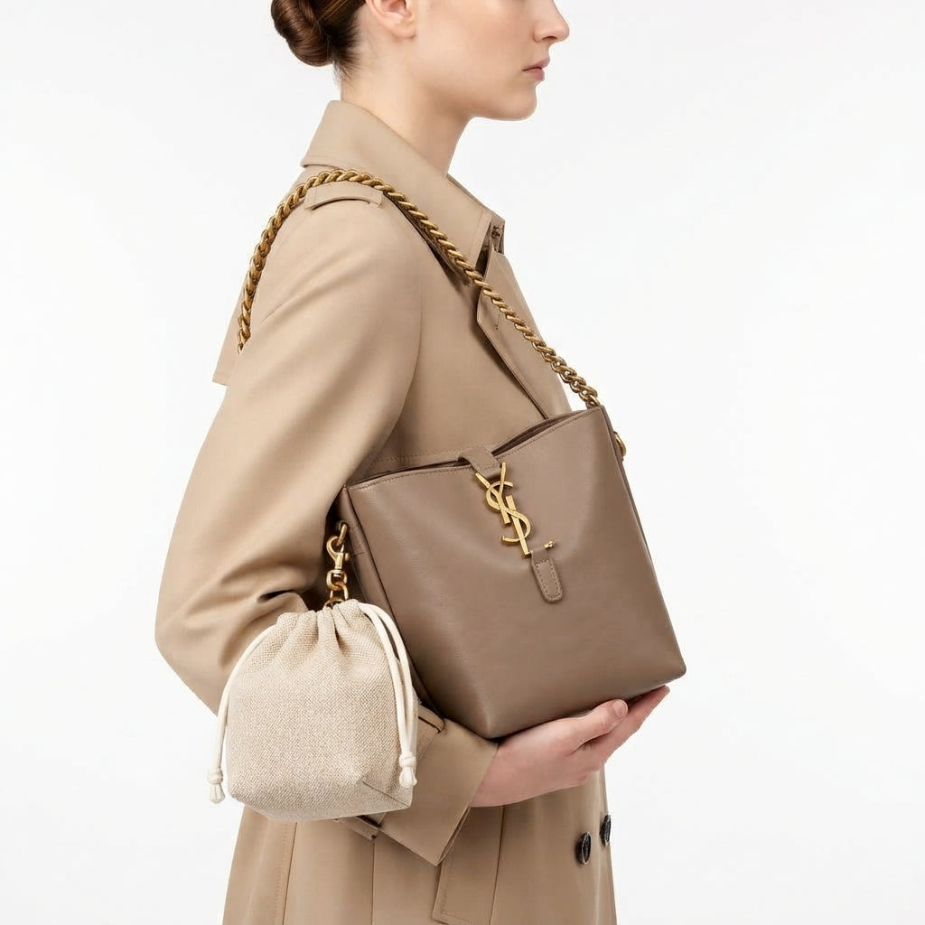 Taupe Saint Laurent Inspired Bucket Bag with Chain Detail