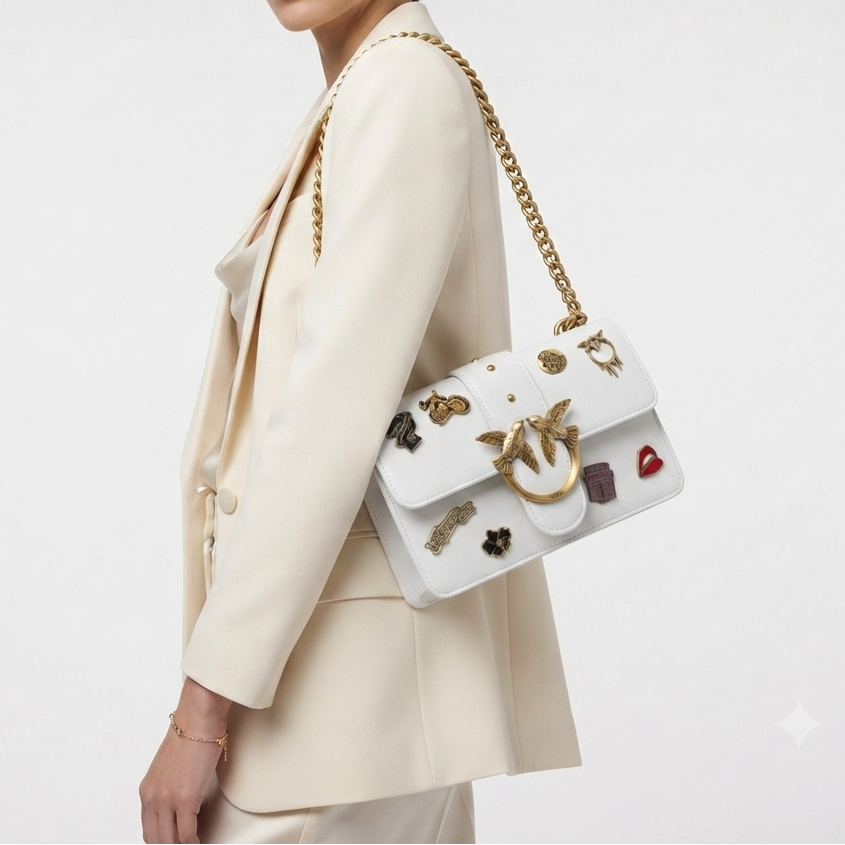 Pinko White Embellished Shoulder Bag with Gold Tone Hardware