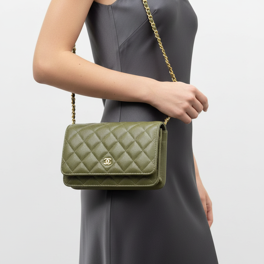 Chanel Quilted Caviar Wallet on Chain in Olive Green 👜🌿✨