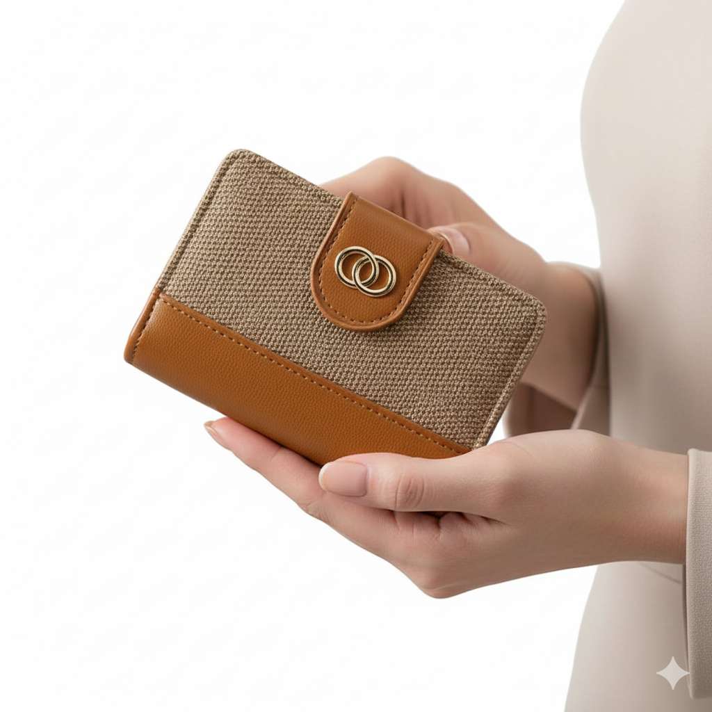 Elegant Canvas and Cognac Leather Bi-Fold Wallet with Gold Interlocking Ring Detail 👜✨👝