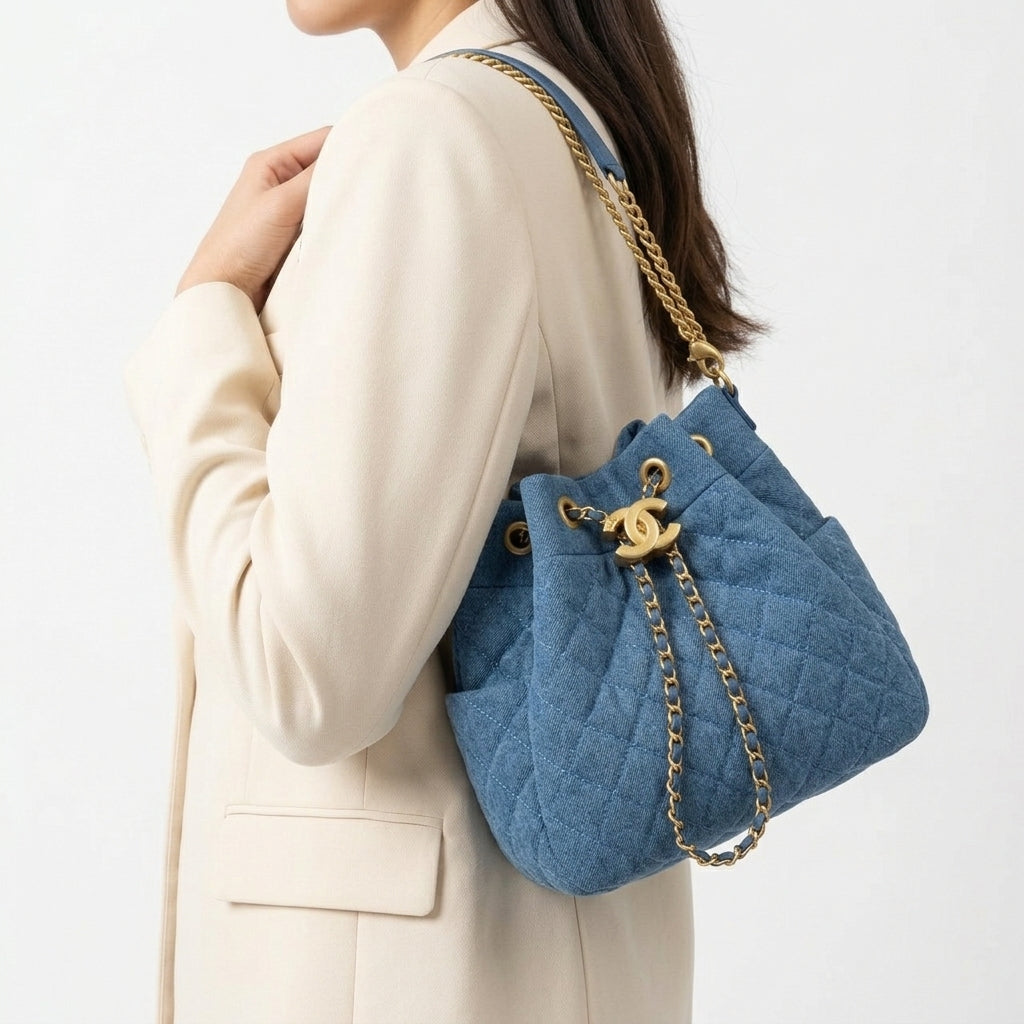 Chanel Quilted Denim Bucket Bag with Gold Chain Detail