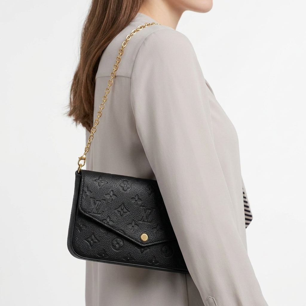 Monogram Embossed Crossbody Bag Set with Gold Chain