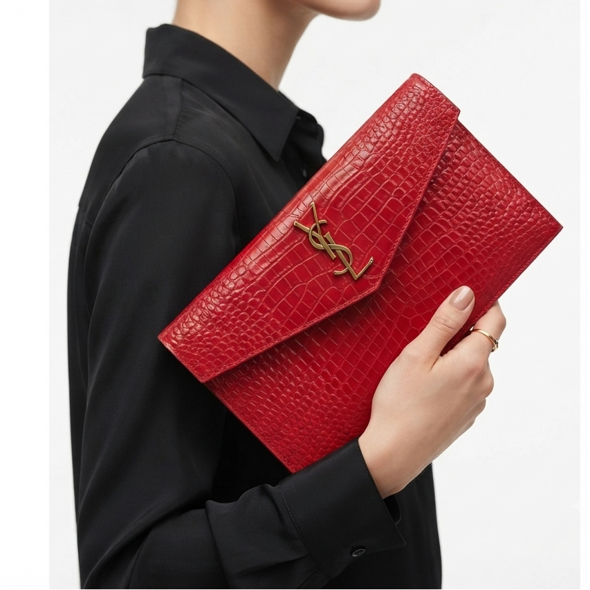 YSL Red Crocodile Embossed Leather Clutch with Gold Logo