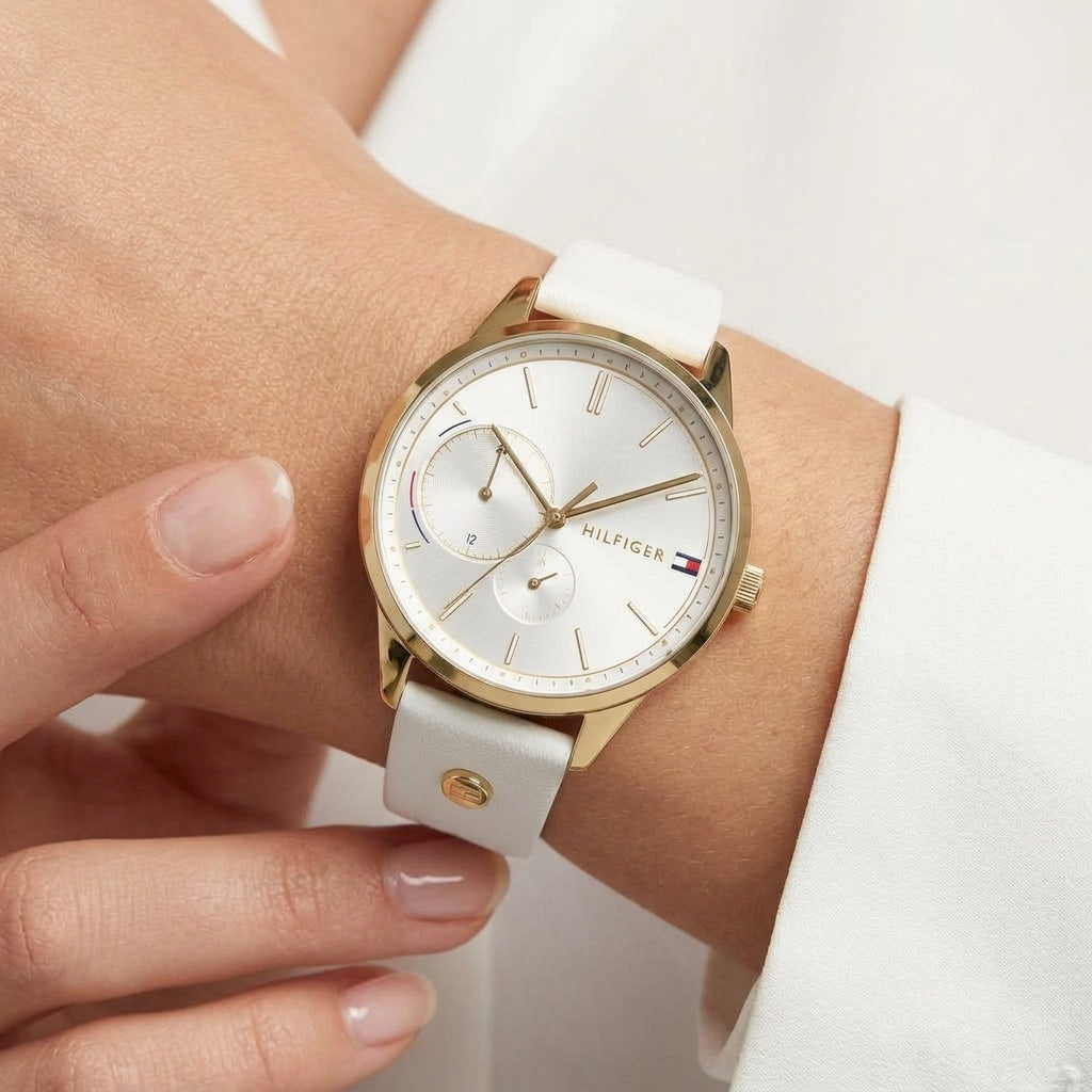 Tommy Hilfiger Gold Tone White Leather Strap Watch