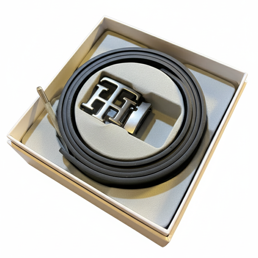 Tommy Hilfiger Signature Block Logo Black Leather Belt with Dark Buckle ⚫️✨🎁