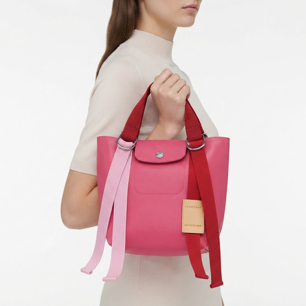 Longchamp Style Pink Handbag with Vibrant Contrast Straps