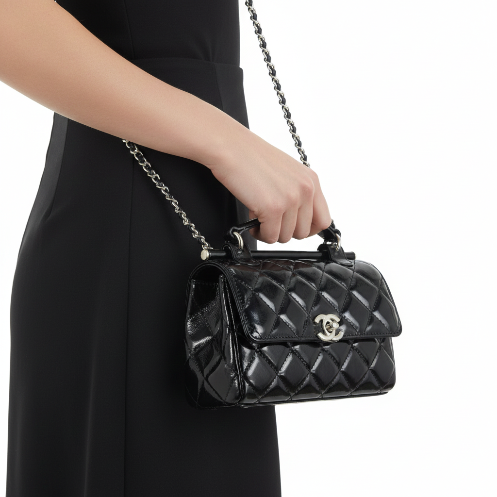 Chanel Quilted Patent Leather Mini Top Handle Bag 🖤✨👜