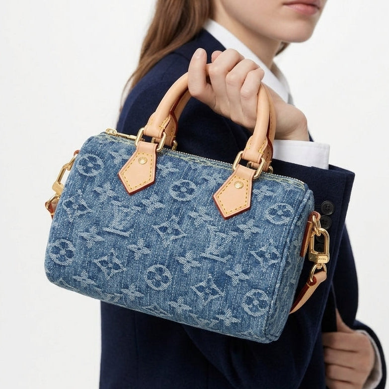 Louis Vuitton Denim Monogram Handbag with Leather Trim