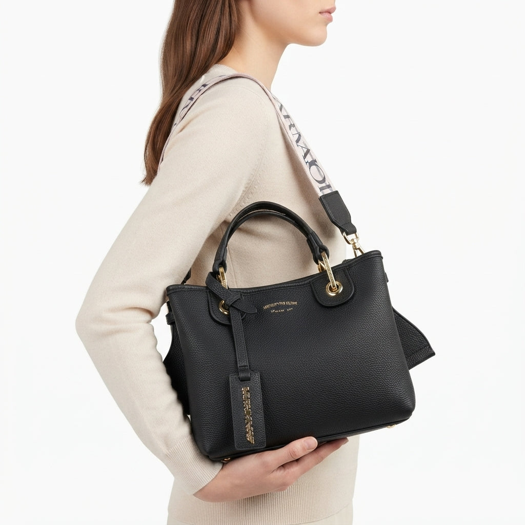 Emporio Armani Signature Black Structured Handbag with Branded Strap