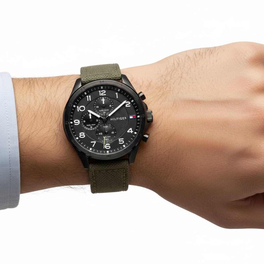 Tommy Hilfiger Men's Chronograph Watch with Olive Canvas Strap ⌚🫒💼
