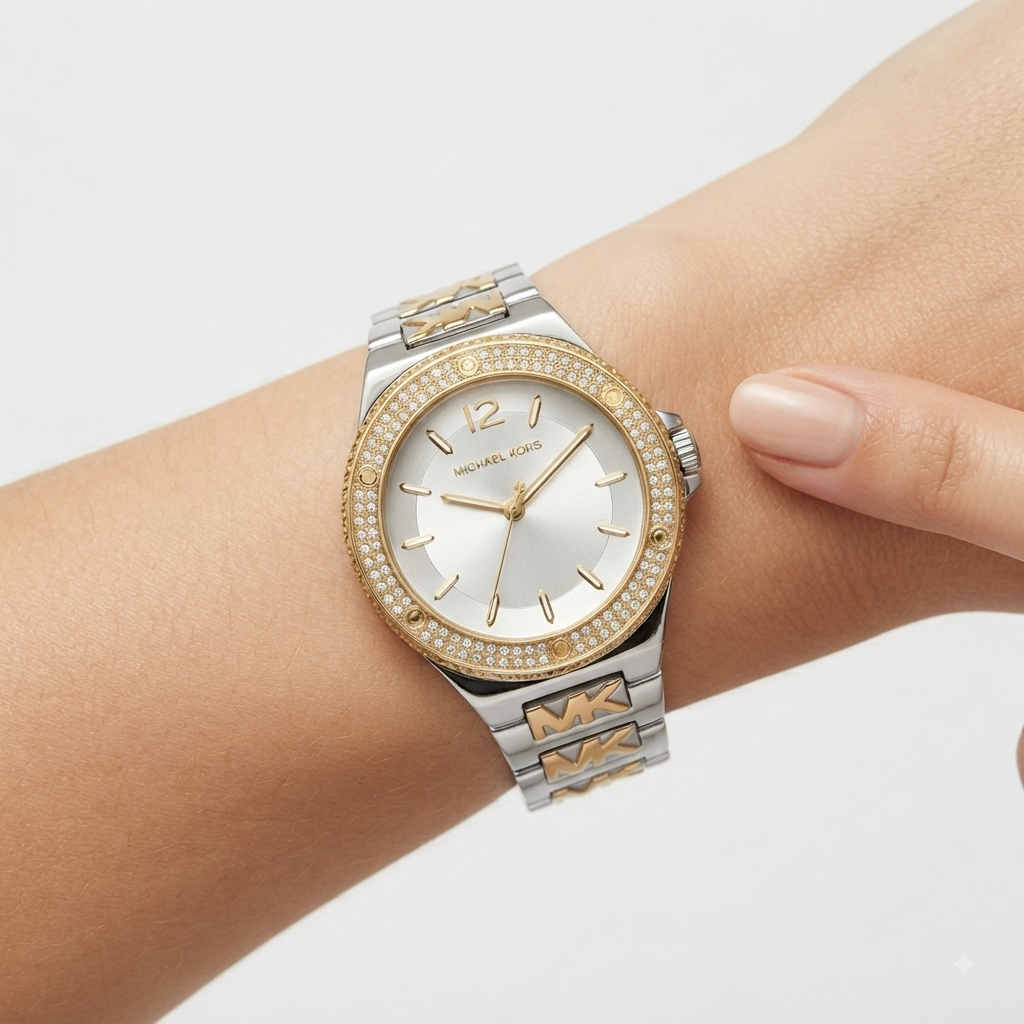 Michael Kors Two Tone Crystal Bezel Logo Bracelet Watch