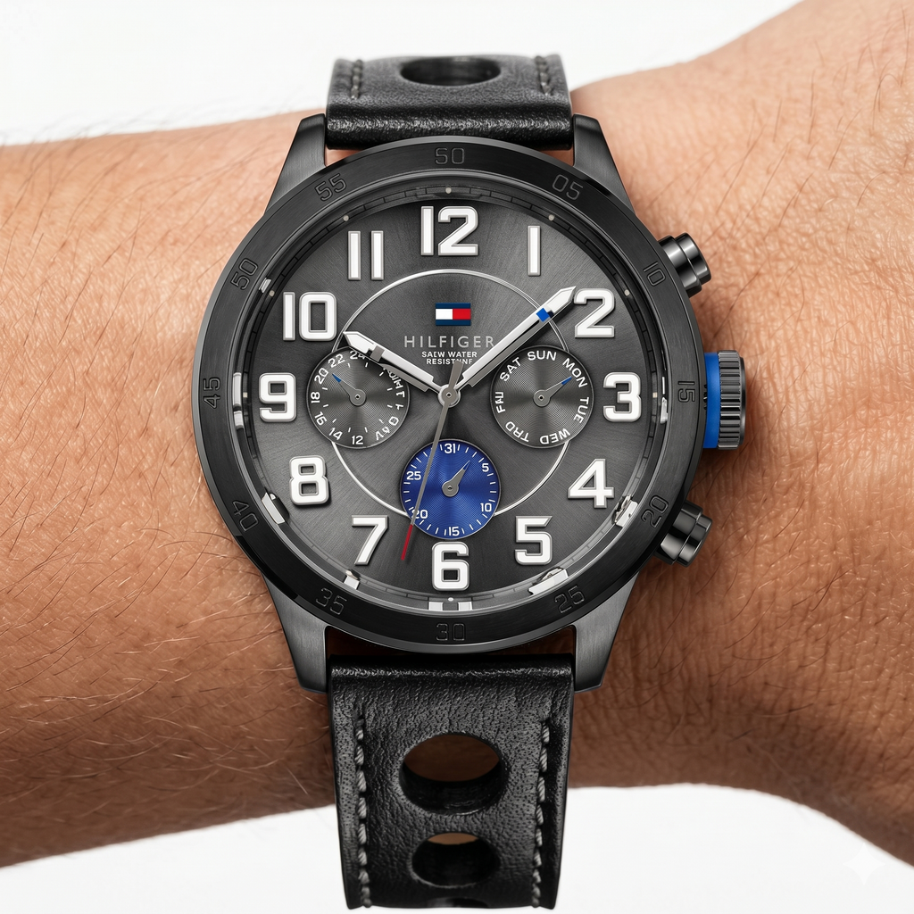 Tommy Hilfiger Black Leather Watch ⌚⚫🏁