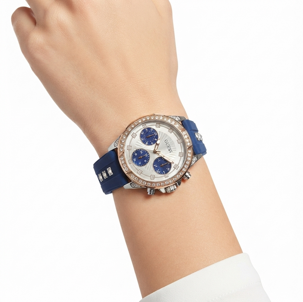 Guess Women's Blue Silicone Chronograph Watch with Crystal Bezel 💎