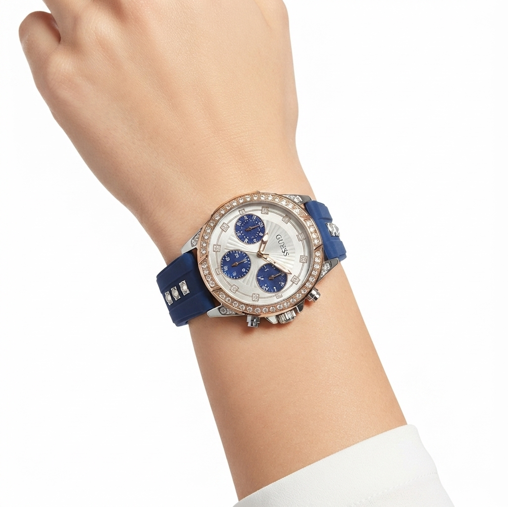 Guess Women's Blue Silicone Chronograph Watch with Crystal Bezel 💎