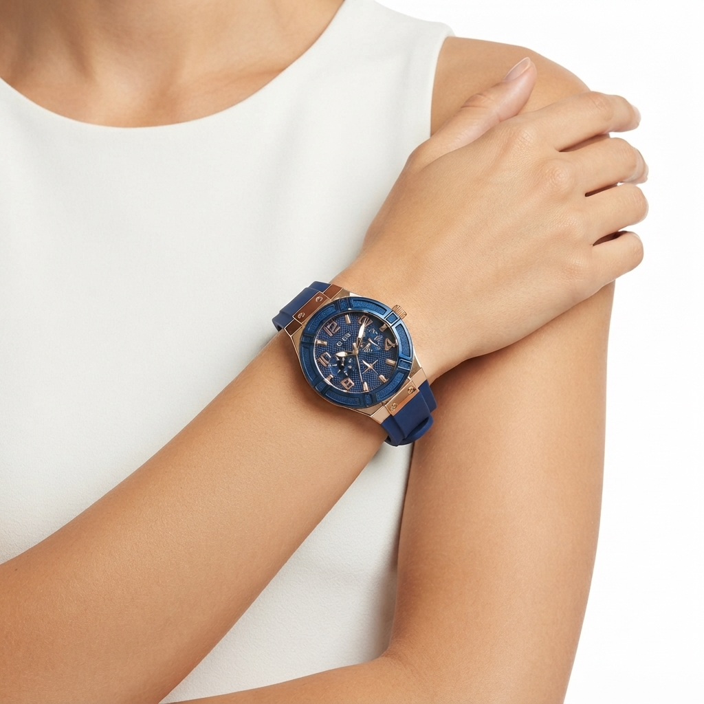 Guess Blue Silicone Multi-Function Watch with Rose Gold Accents ⌚✨