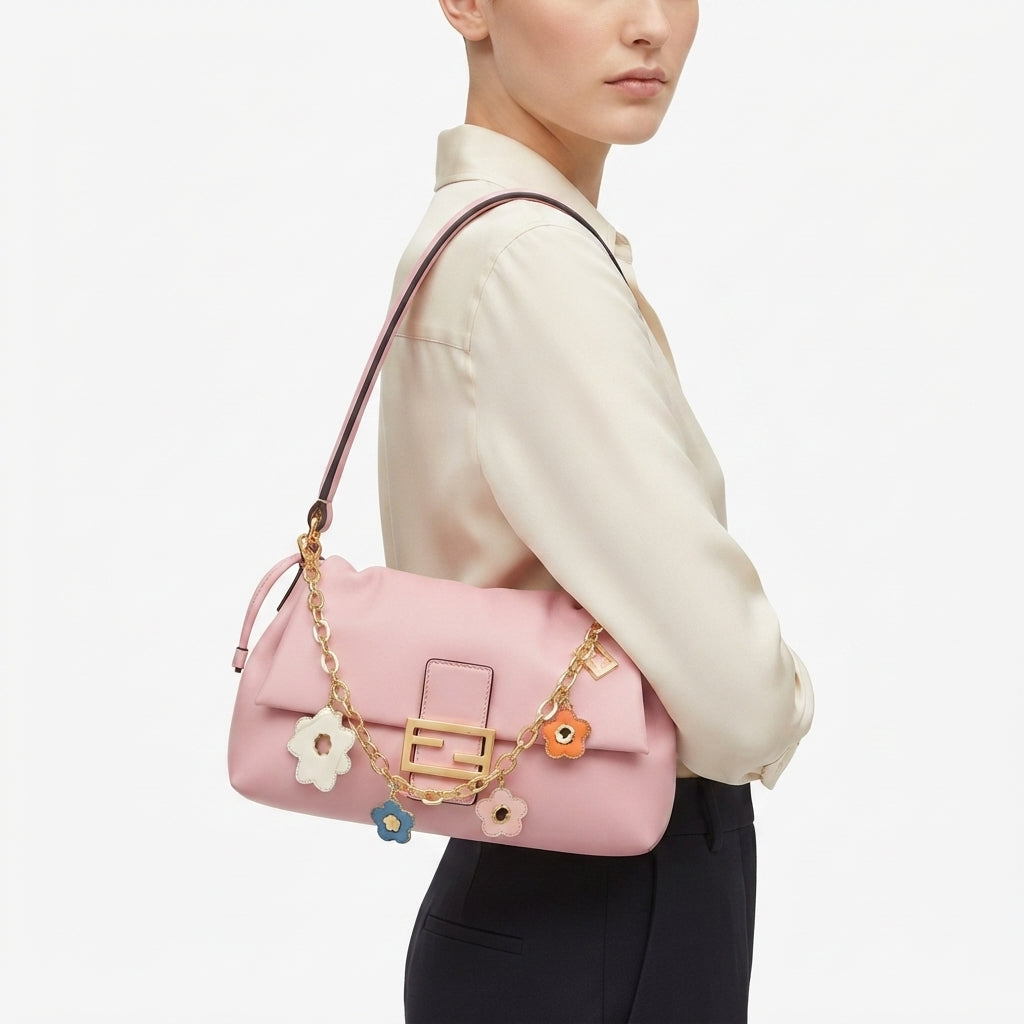 Fendi Floral Chain Soft Leather Shoulder Bag