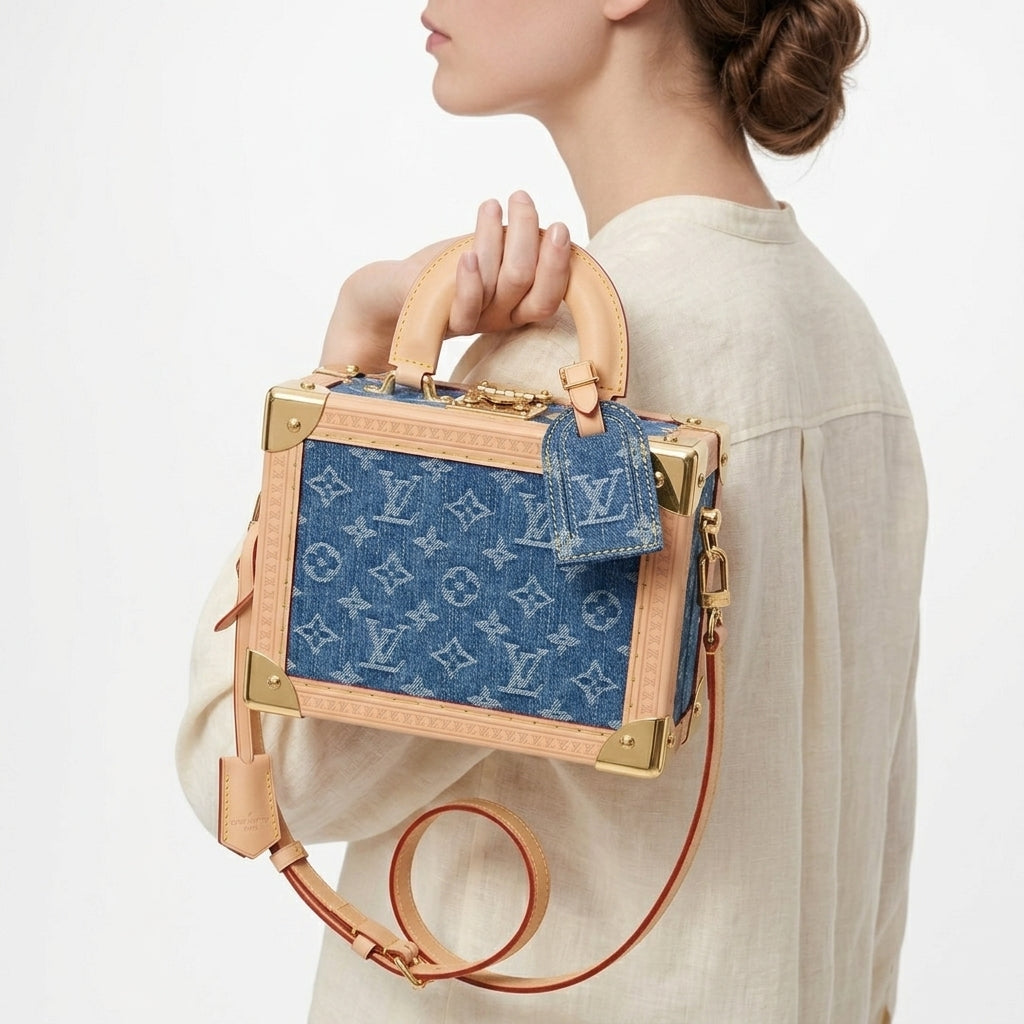 Louis Vuitton Inspired Denim Trunk Bag with Leather Trim