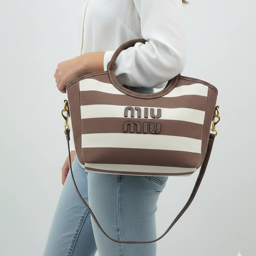 Miu Miu Striped Canvas Tote with Circular Handles 👜✨
