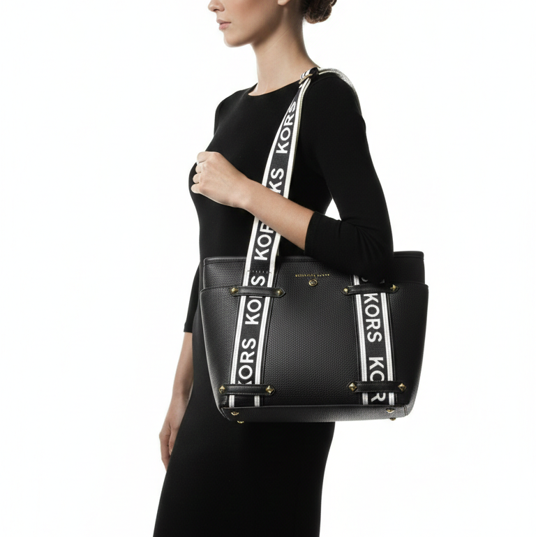 Michael Kors Black Pebble Leather Tote with Logo Straps 🖤👜✨