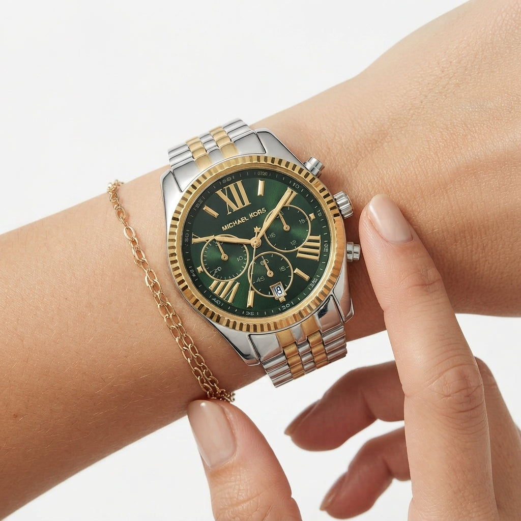 Michael Kors Two-Tone Chronograph Watch with Emerald Green Dial