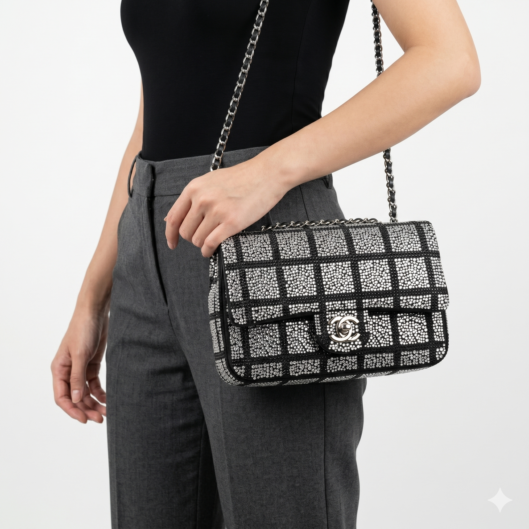 Chanel Rhinestone Grid Flap Bag in Black and Silver ✨👜
