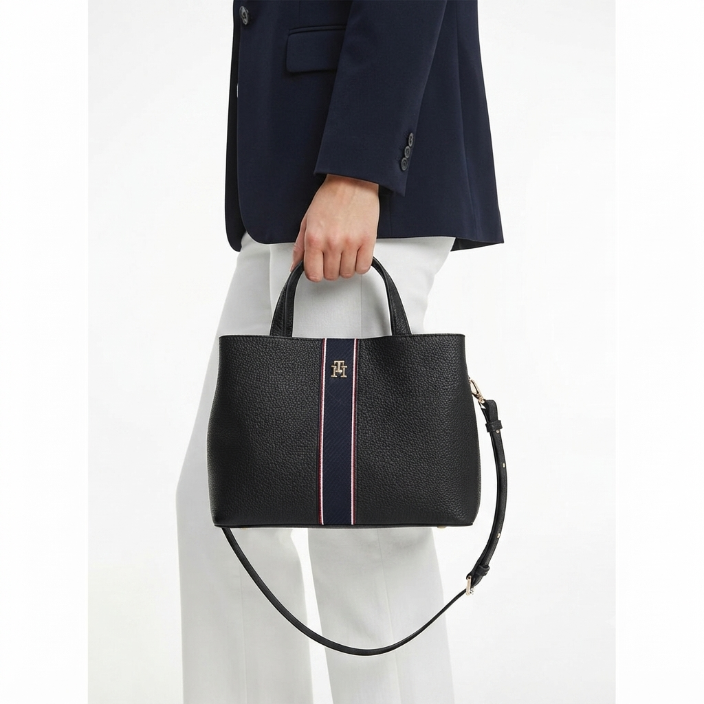 Tommy Hilfiger Black Textured Tote with Signature Striped Detail 👜✨
