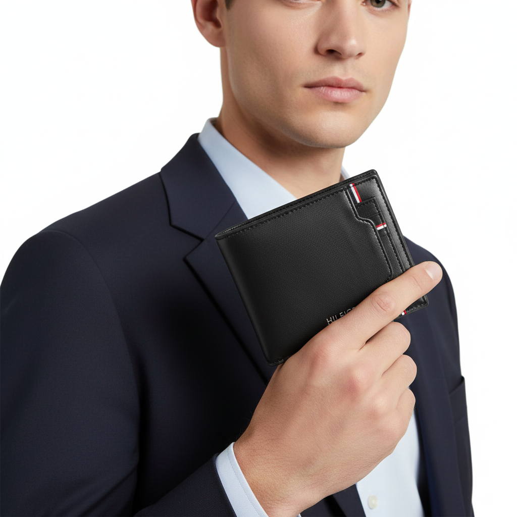 Tommy Hilfiger Men's Black Leather Bi-Fold Wallet with Stripe Details 🖤💳🚩