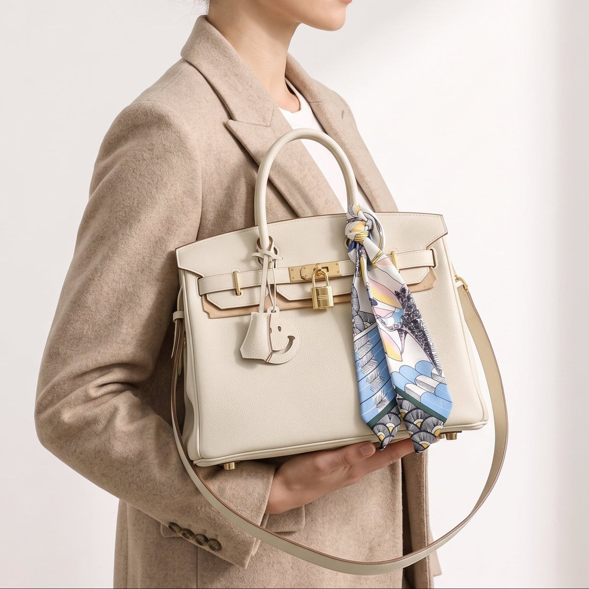 Large Off-White Genuine Leather Birkin Style Handbag