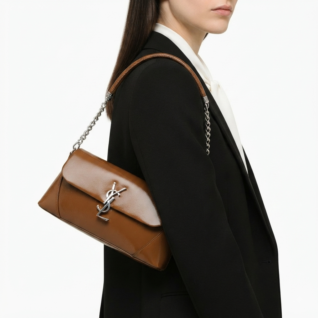 Brown YSL Style Shoulder Bag with Silver Tone Emblem