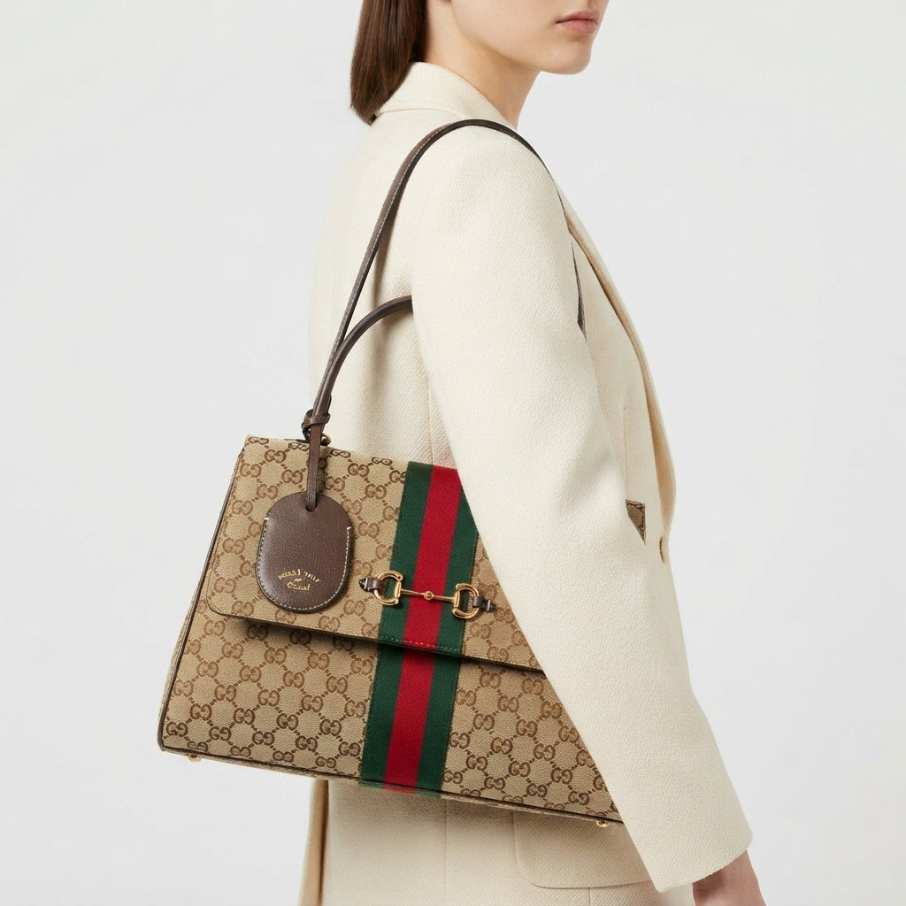 Gucci Horsebit Shoulder Bag in Monogram Canvas with Web Stripe