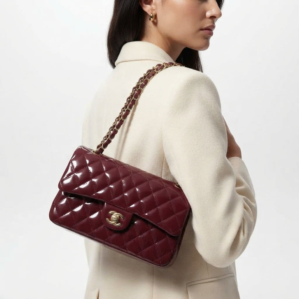 Chanel Burgundy Patent Leather Quilted Flap Bag with Chain Strap
