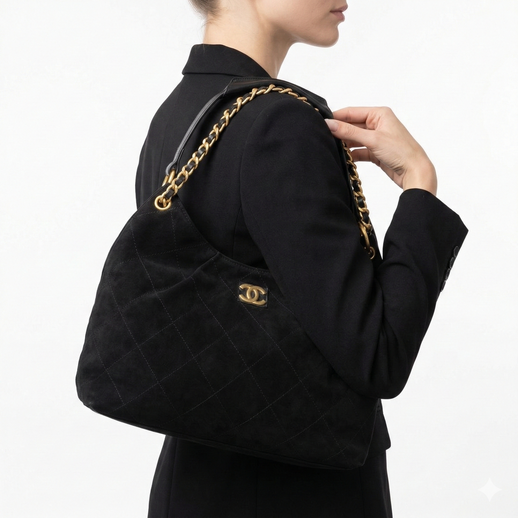 Gemini said Chanel Quilted Suede Hobo Bag with Gold Chain 🖤👜✨