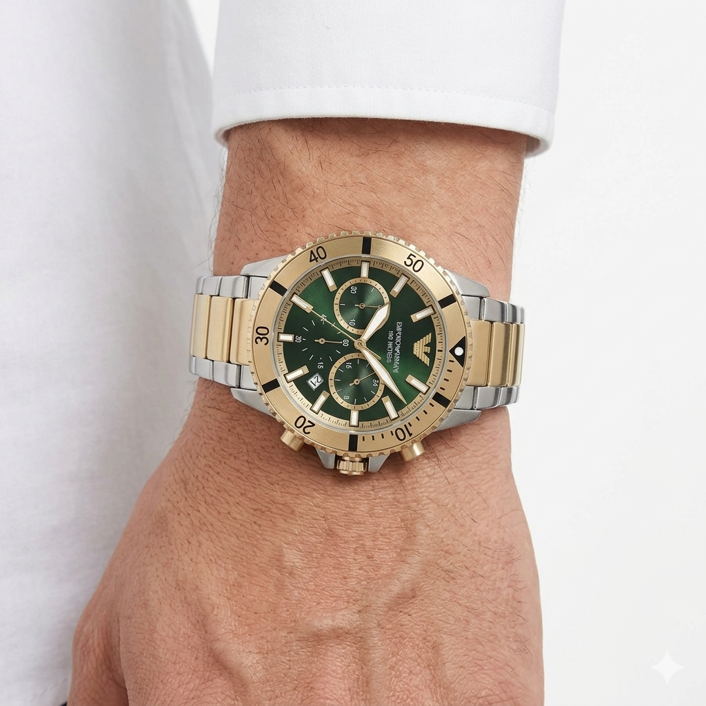 Emporio Armani: Gold & Silver Stainless Steel Diver Watch ⌚