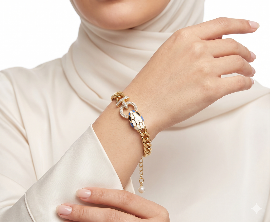 Luxurious Serpenti Inspired Gold Curb Chain Bracelet with Enamel Snake Head 🐍✨💎