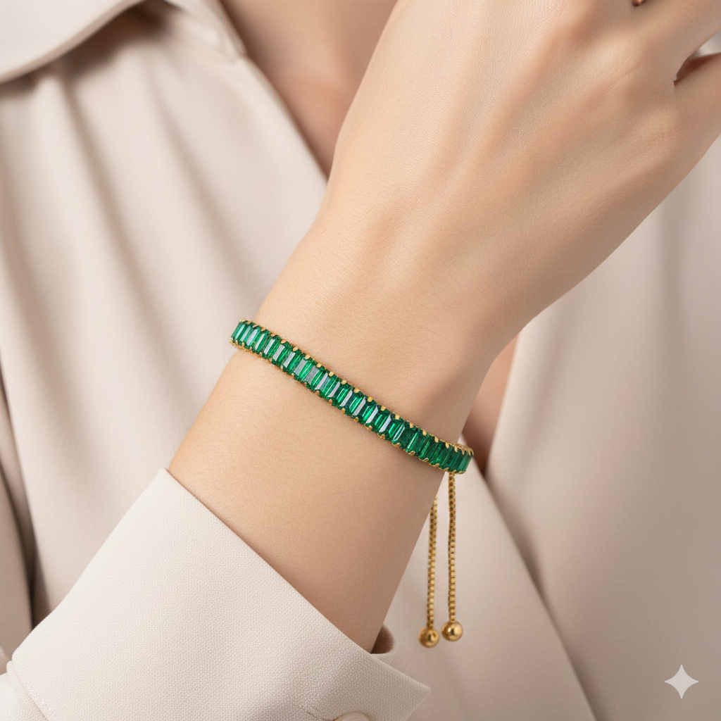 Adjustable Gold-Tone Bolo Bracelet with Vibrant Emerald-Cut Crystals ✨