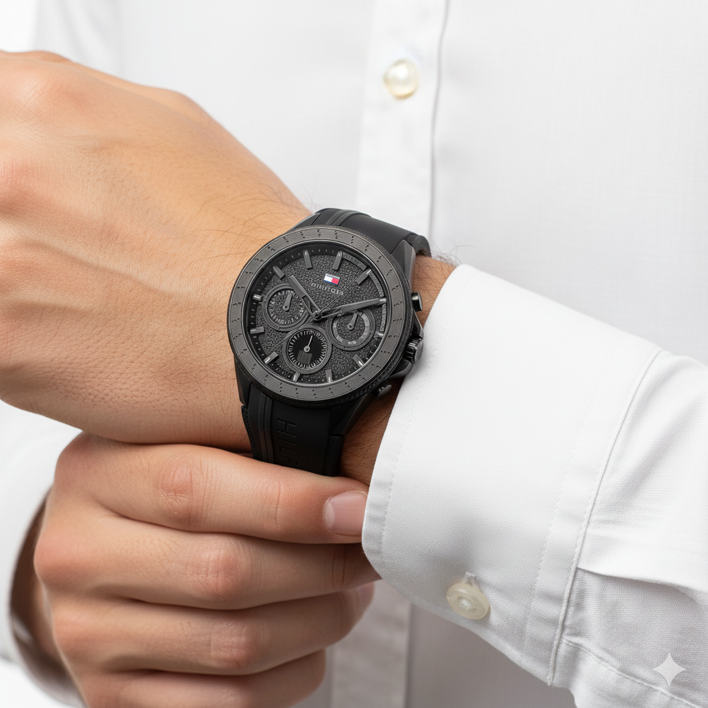Tommy Hilfiger Men's All-Black Textured Dial Multi-Function Watch 🖤⚫️⌚️