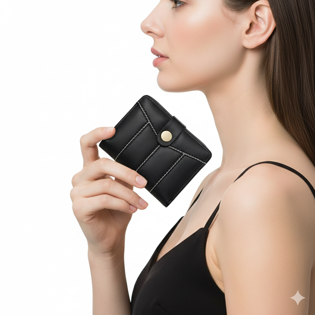 Elegant Black Quilted Leather Bifold Wallet with Gold Snap Detail 🖤👛✨