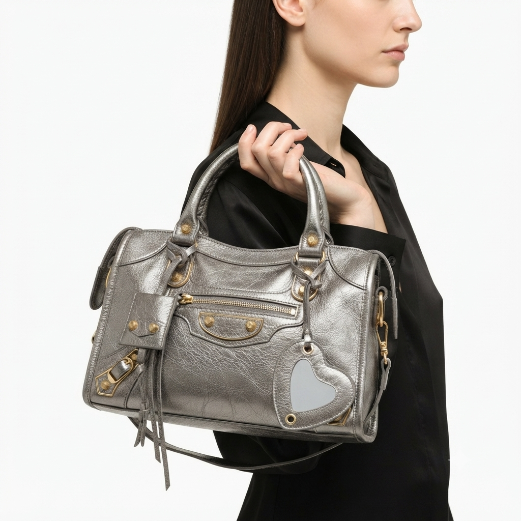 Balenciaga Style Metallic Silver Moto Handbag with Mirror Charm ✨👜