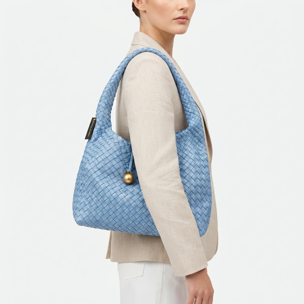 Bottega Veneta Style Woven Shoulder Bag with Matching Pouch