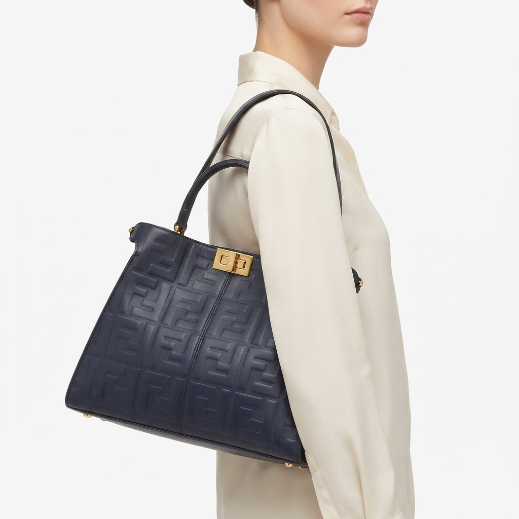Fendi Style Embossed Logo Handbag with Gold Tone Hardware