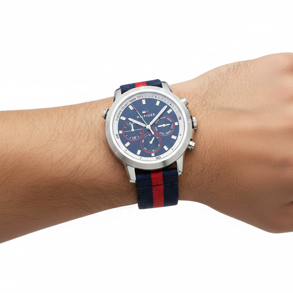 Tommy Hilfiger Men's Navy Dial Multi-Function Fabric Strap Watch 🔵🔴⌚️