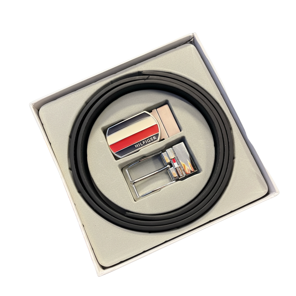 Tommy Hilfiger Reversible Black Leather Belt with Flag Buckles 🇺🇸🖤🎁