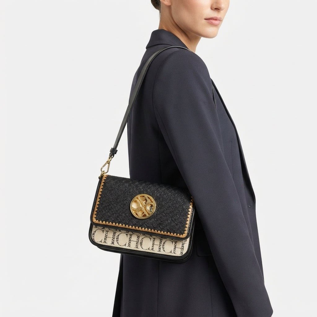 C.H Designer Style Crossbody with Embroidered Detail and Gold Hardware