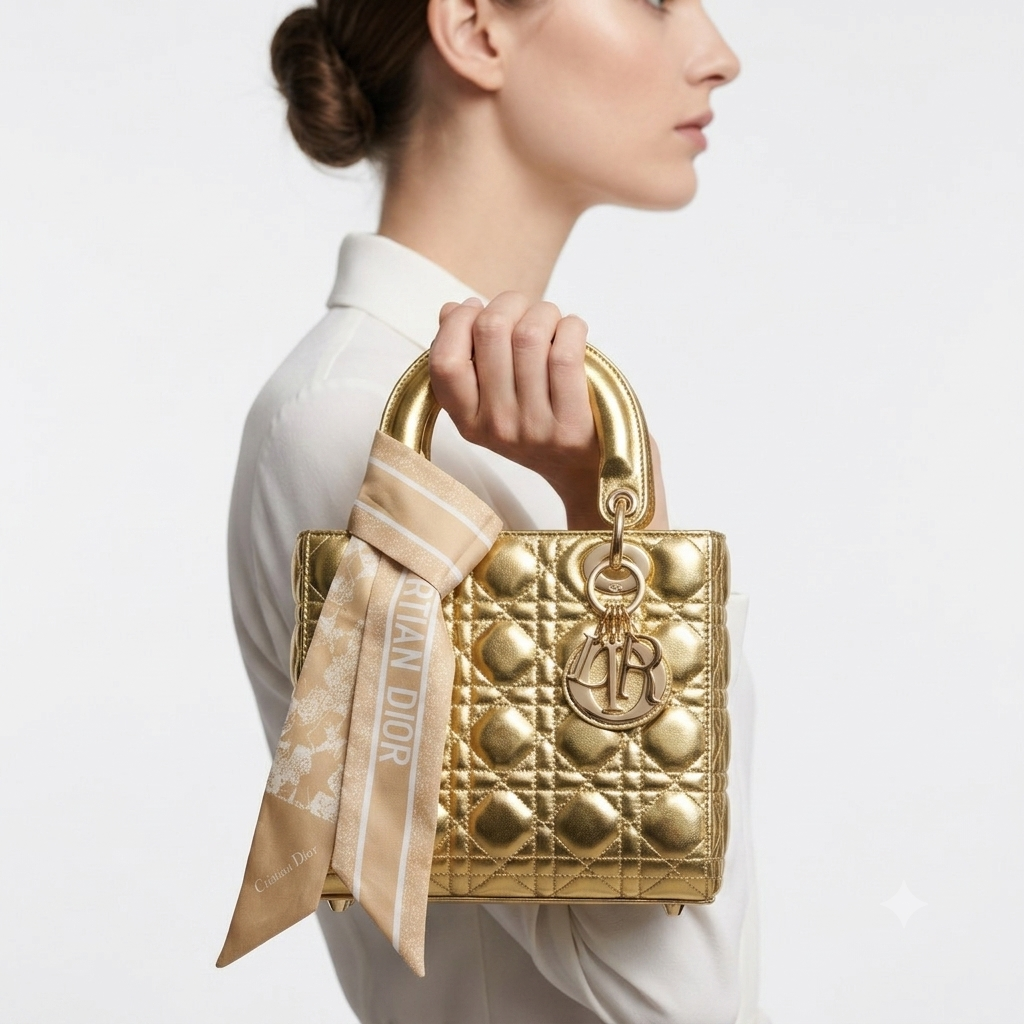 Christian Dior Metallic Gold Quilted Handbag with Scarf 👜✨