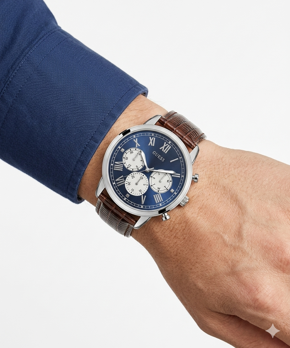 Guess Men's Classic Chronograph Watch with Blue Dial and Brown Leather Strap ⌚ 💙 👞